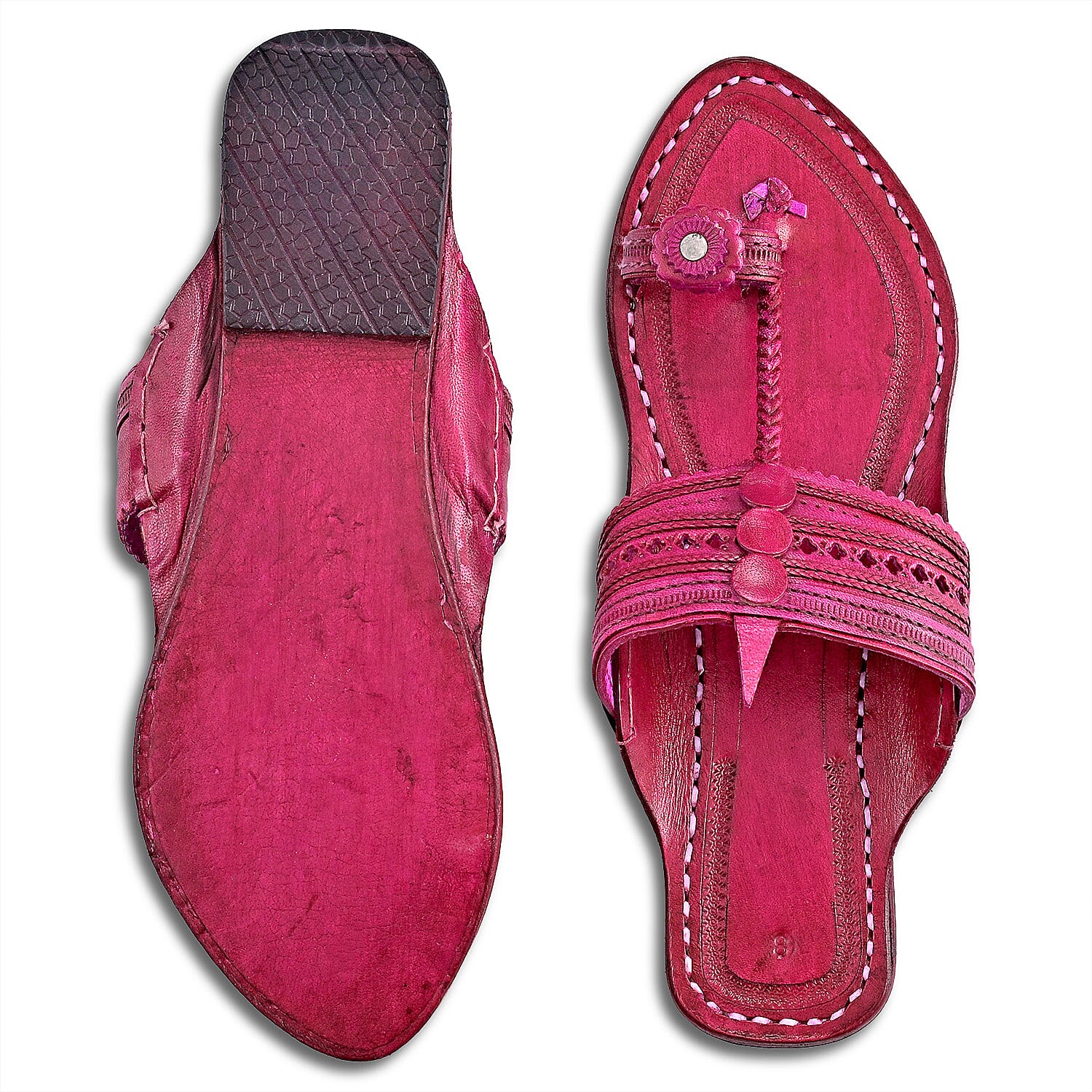 La Marey Pink Women's Kolhapur Leather Slippers (Size 8.0)