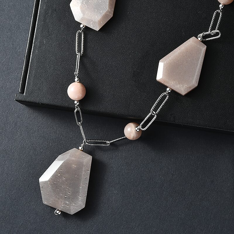 EverTrue Peach Moonstone 240.00 ctw Necklace in Stainless Steel 20 Inches
