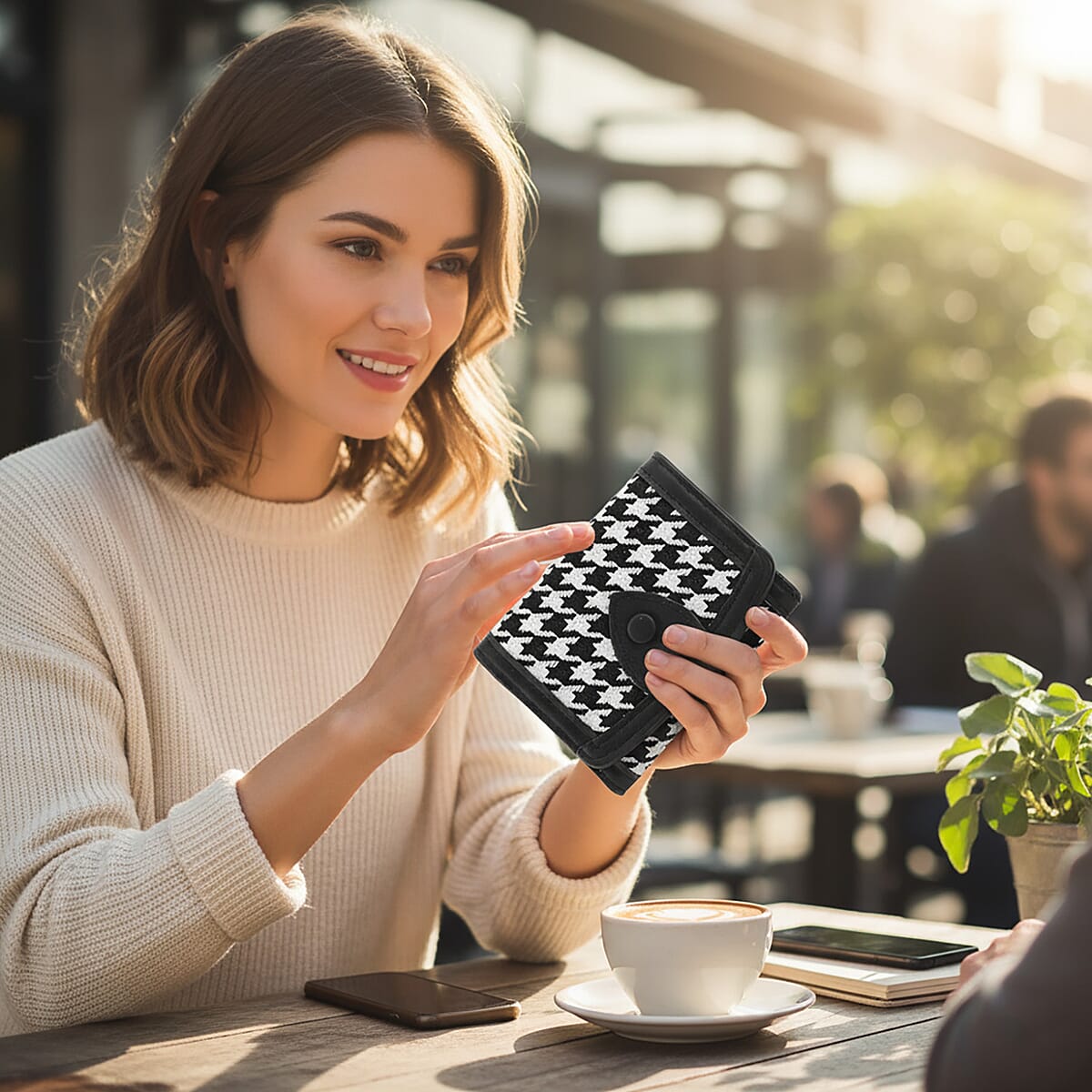 Las Vegas Closeout Deal BY:KY Black Houndstooth Pattern Faux Leather Wallet image number 2