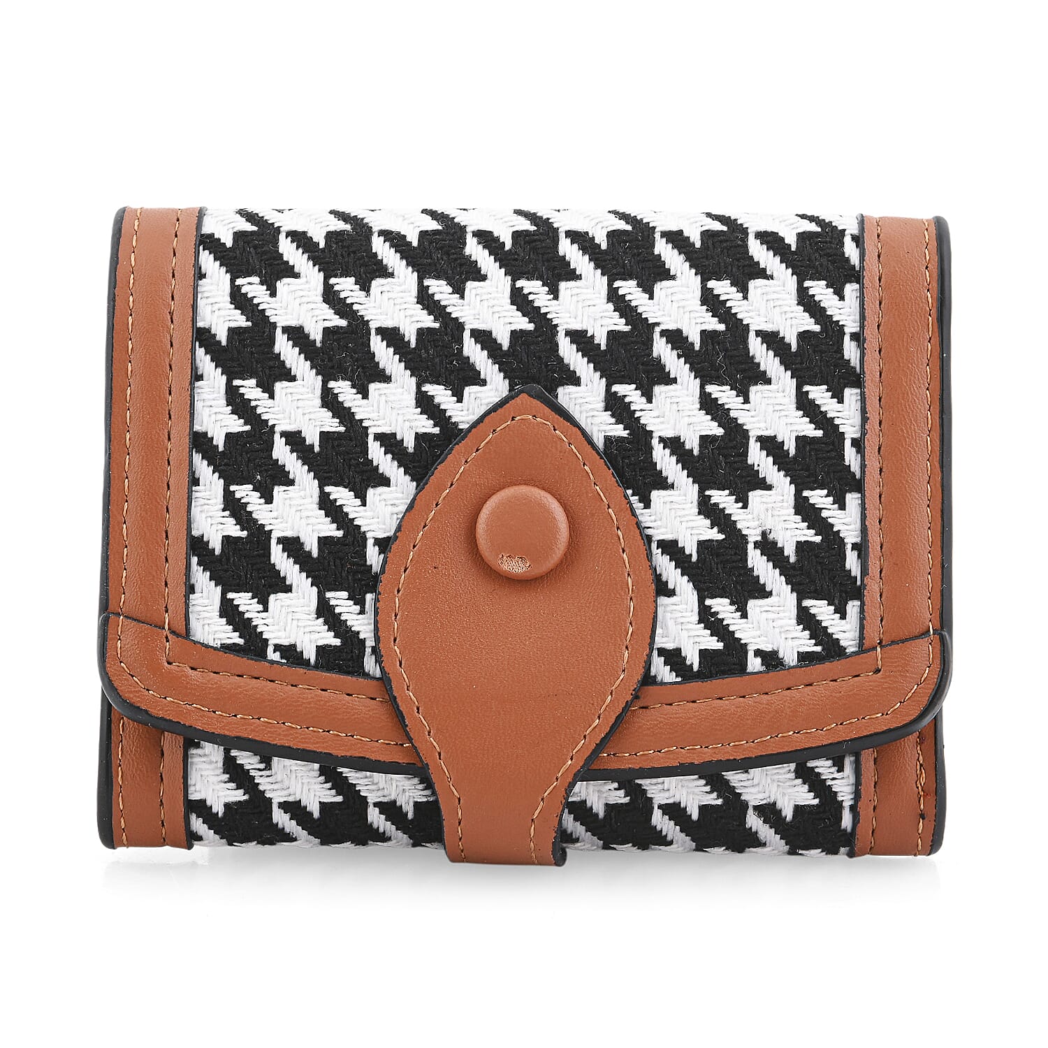 BY:KY Cognac Houndstooth Pattern Faux Leather Wallet