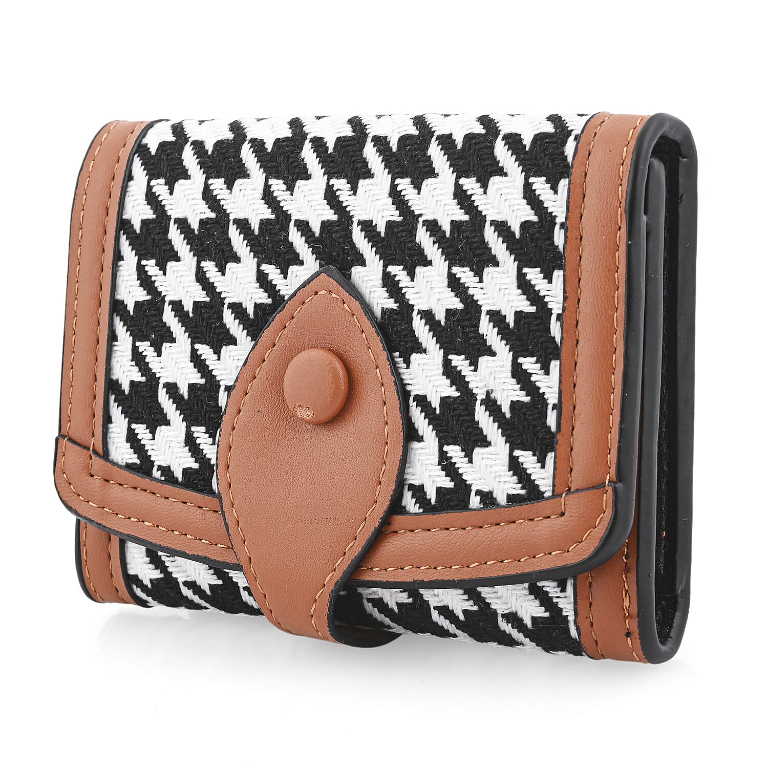 BY:KY Cognac Houndstooth Pattern Faux Leather Wallet