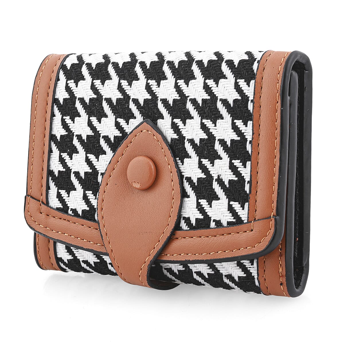 Las Vegas Closeout Deal BY:KY Cognac Houndstooth Pattern Faux Leather Wallet image number 1