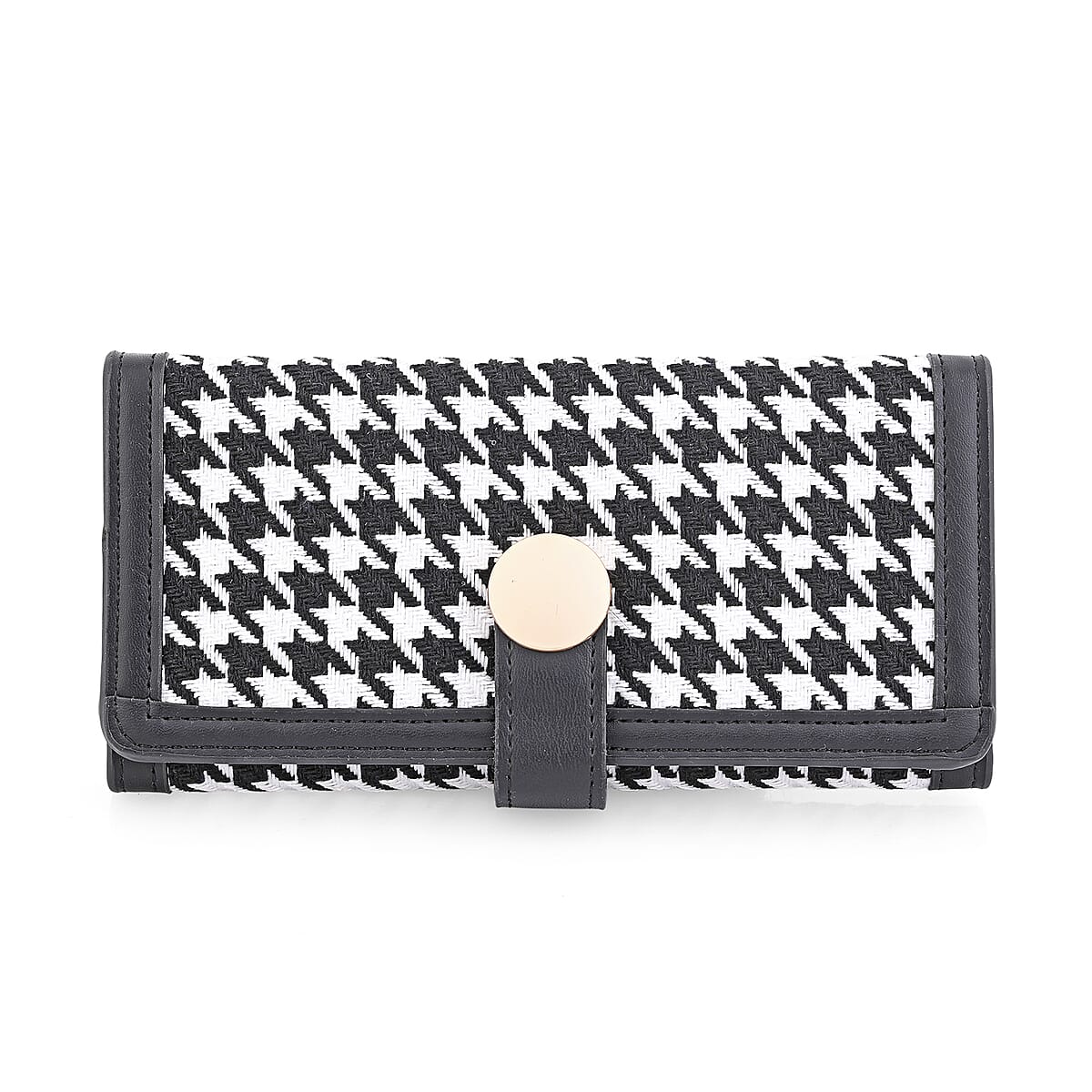 Las Vegas Closeout Deal BY:KY Black Houndstooth Pattern Faux Leather Wallet with Golden Accent image number 0