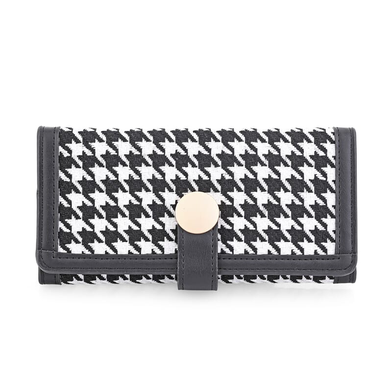 Las Vegas Closeout Deal BY:KY Black Houndstooth Pattern Faux Leather Wallet with Golden Accent