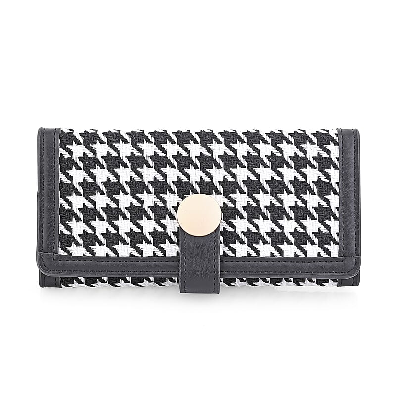Las Vegas Closeout Deal BY:KY Black Houndstooth Pattern Faux Leather Wallet with Golden Accent