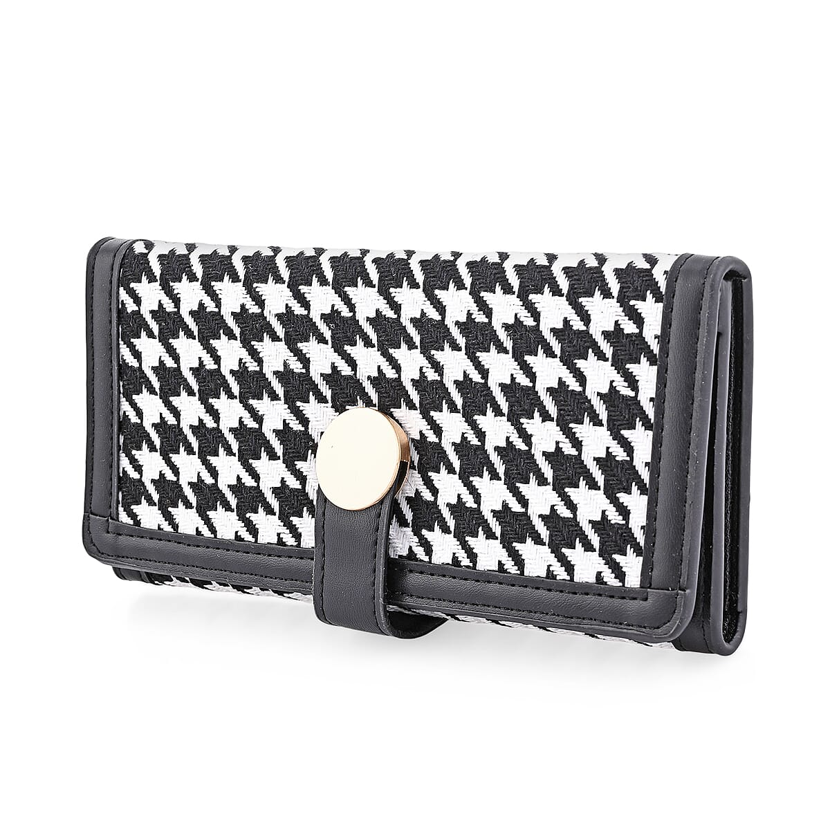 Las Vegas Closeout Deal BY:KY Black Houndstooth Pattern Faux Leather Wallet with Golden Accent image number 2