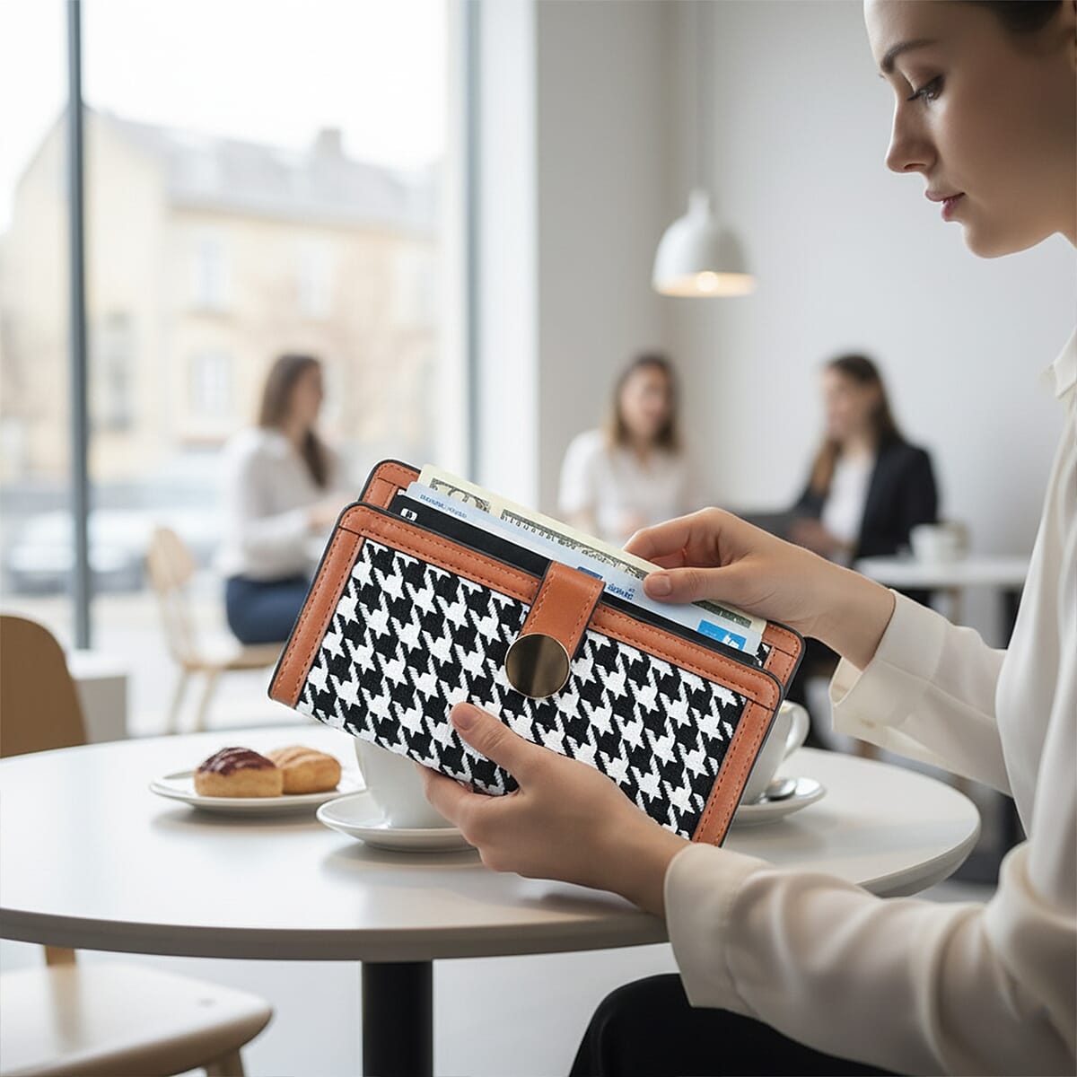 Las Vegas Closeout Deal BY:KY Cognac Houndstooth Pattern Faux Leather Wallet with Golden Accent image number 1