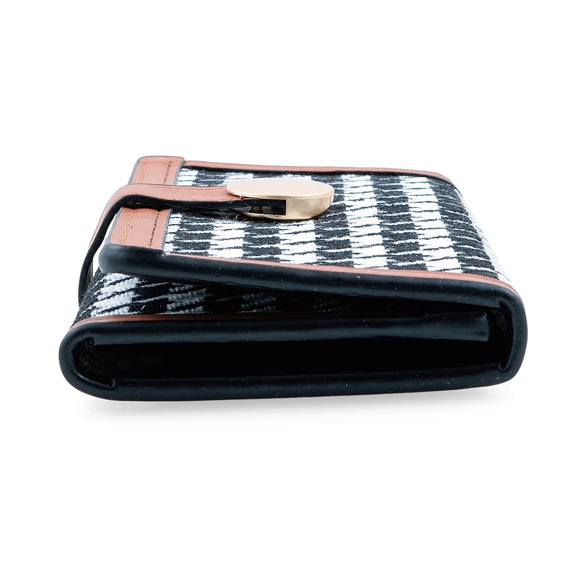 Las Vegas Closeout Deal BY:KY Cognac Houndstooth Pattern Faux Leather Wallet with Golden Accent image number 3