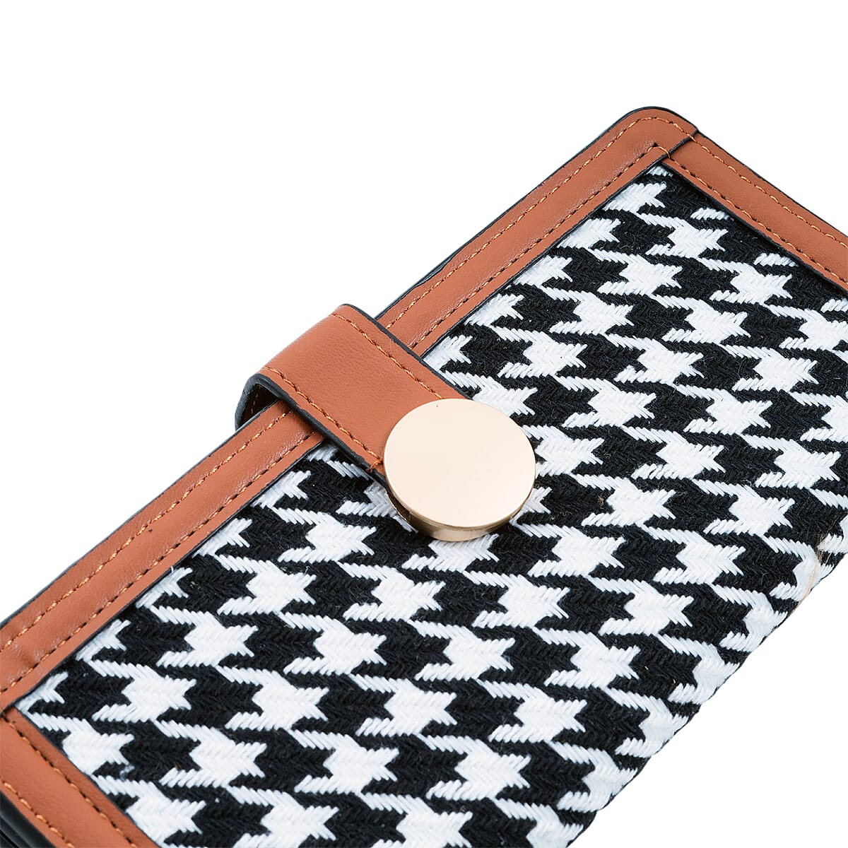 Las Vegas Closeout Deal BY:KY Cognac Houndstooth Pattern Faux Leather Wallet with Golden Accent image number 4