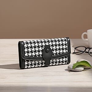 Las Vegas Closeout Deal BY:KY Black Houndstooth Pattern Faux Leather Wallet