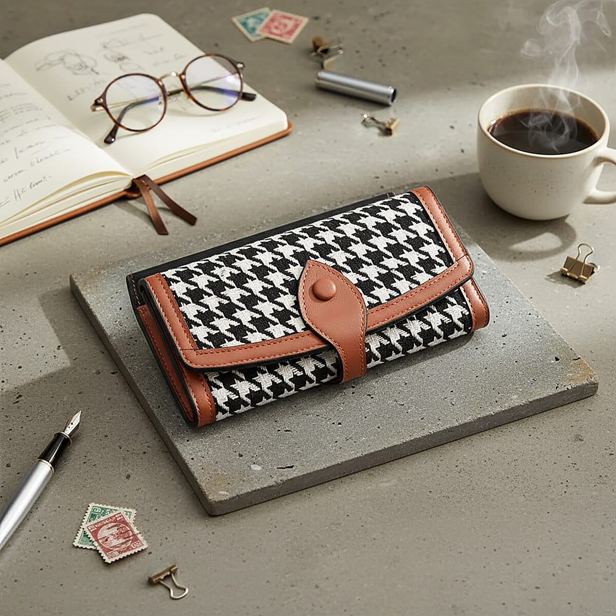 Las Vegas Closeout Deal BY:KY Cognac Houndstooth Pattern Faux Leather Wallet image number 1