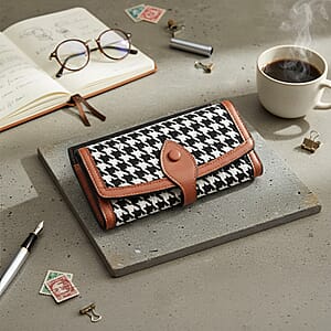 Las Vegas Closeout Deal BY:KY Cognac Houndstooth Pattern Faux Leather Wallet