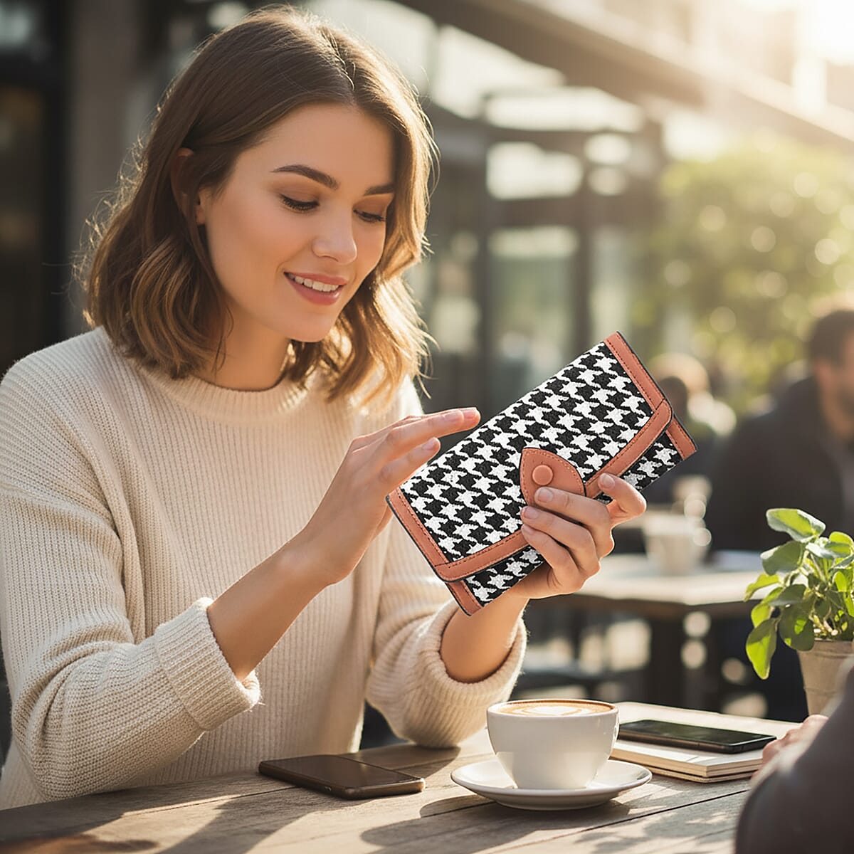 Las Vegas Closeout Deal BY:KY Cognac Houndstooth Pattern Faux Leather Wallet image number 2