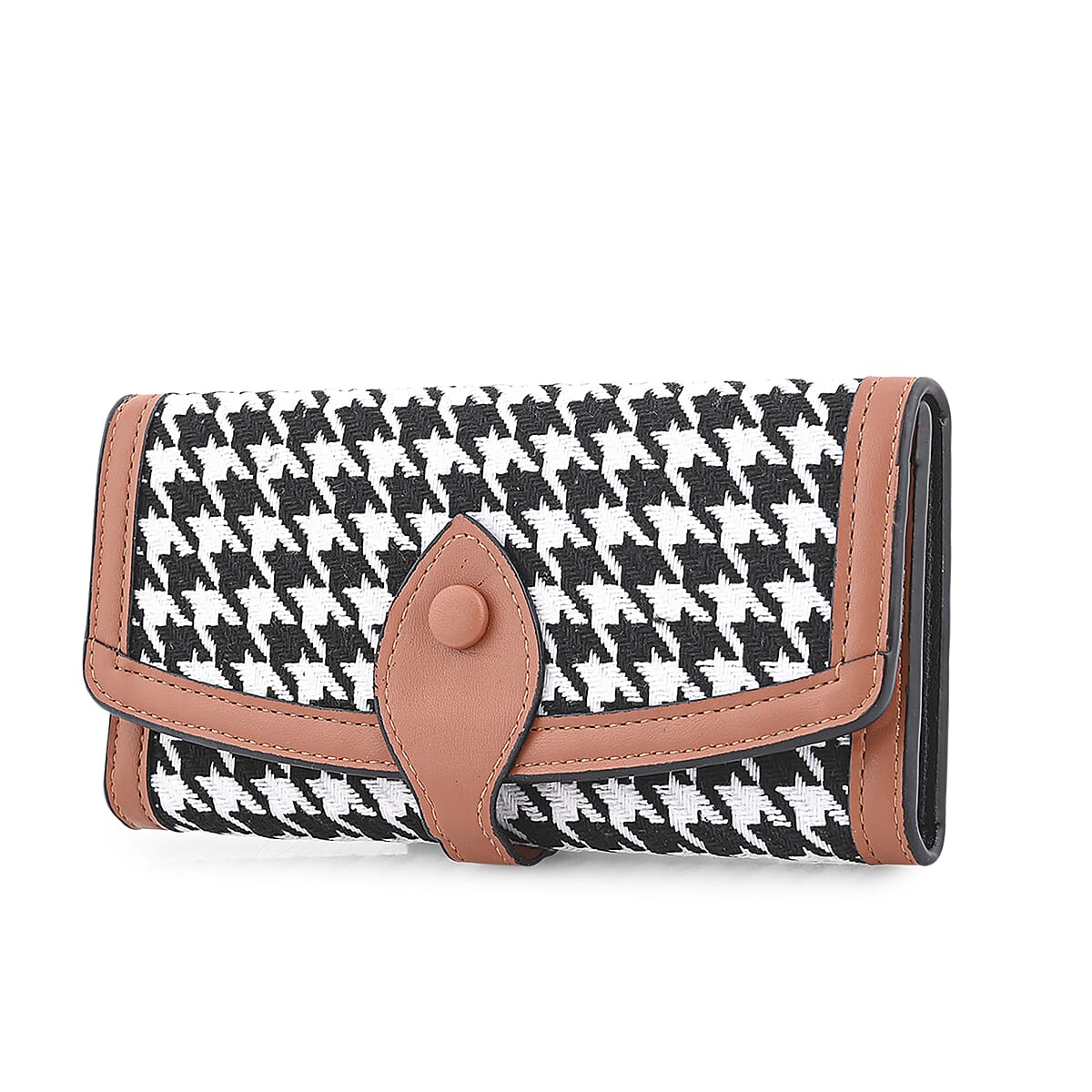 Las Vegas Closeout Deal BY:KY Cognac Houndstooth Pattern Faux Leather Wallet image number 3