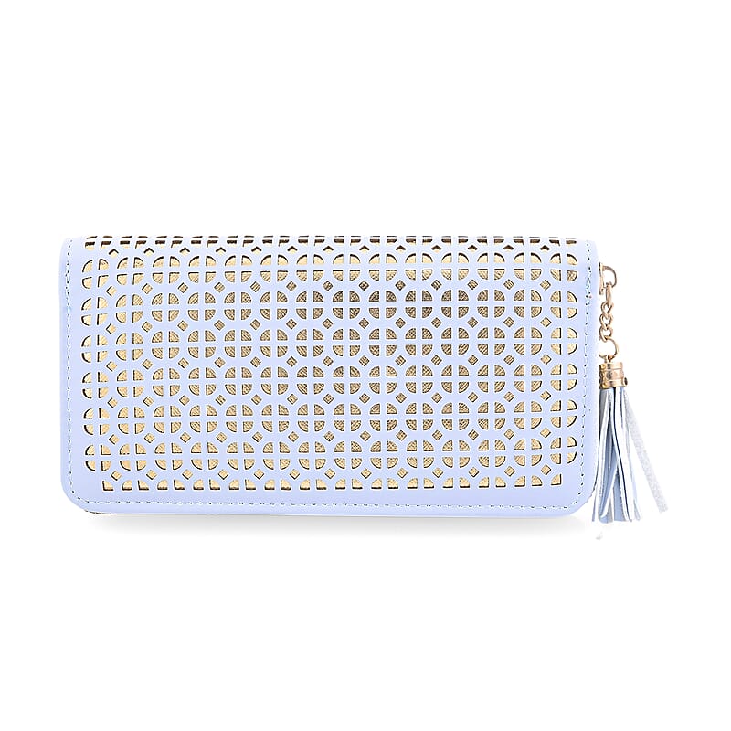 Las Vegas Closeout Deal BY:KY Blue Geometric Pattern Faux Leather Zipper Wallet