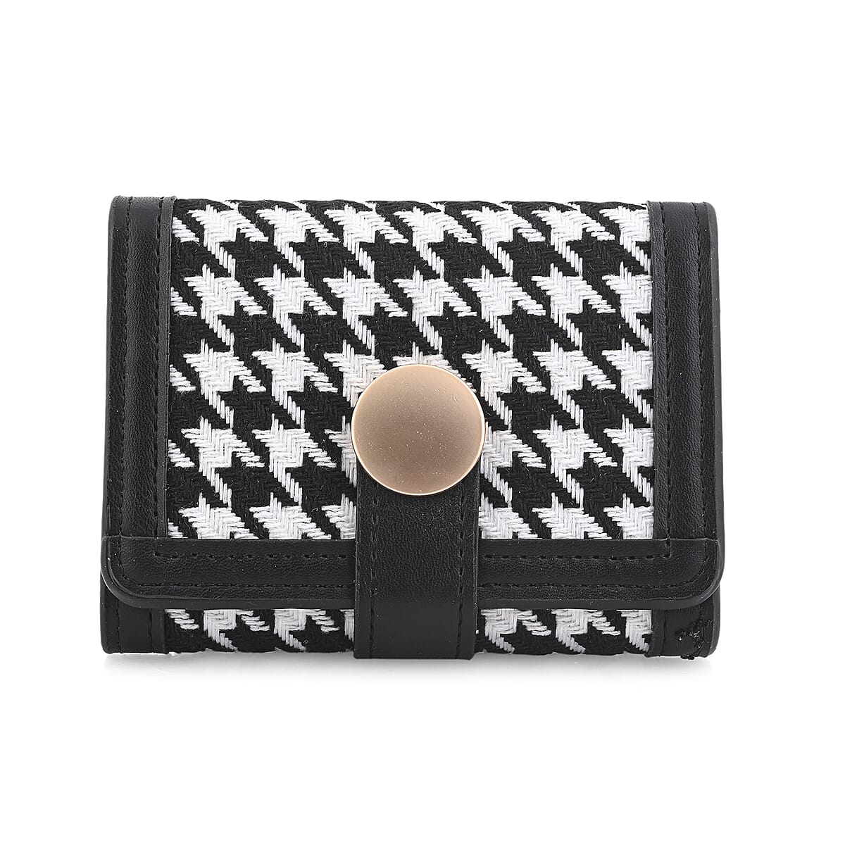 Las Vegas Closeout Deal BY:KY Black Houndstooth Pattern Faux Leather Wallet with Golden Accent image number 0