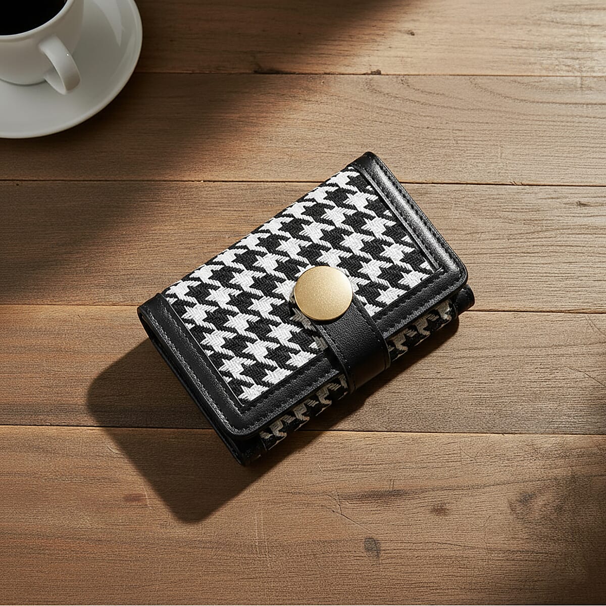 Las Vegas Closeout Deal BY:KY Black Houndstooth Pattern Faux Leather Wallet with Golden Accent image number 1