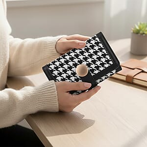 Las Vegas Closeout Deal BY:KY Black Houndstooth Pattern Faux Leather Wallet with Golden Accent