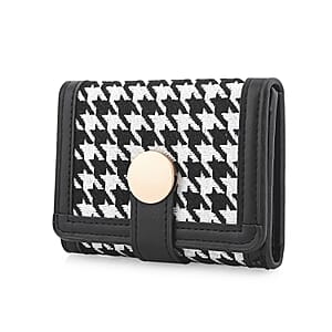 Las Vegas Closeout Deal BY:KY Black Houndstooth Pattern Faux Leather Wallet with Golden Accent