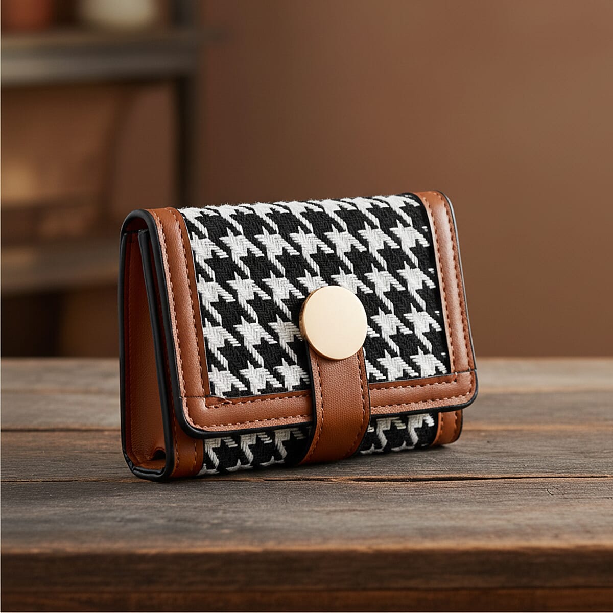 Las Vegas Closeout Deal BY:KY Cognac Houndstooth Pattern Faux Leather Wallet with Golden Accent image number 1