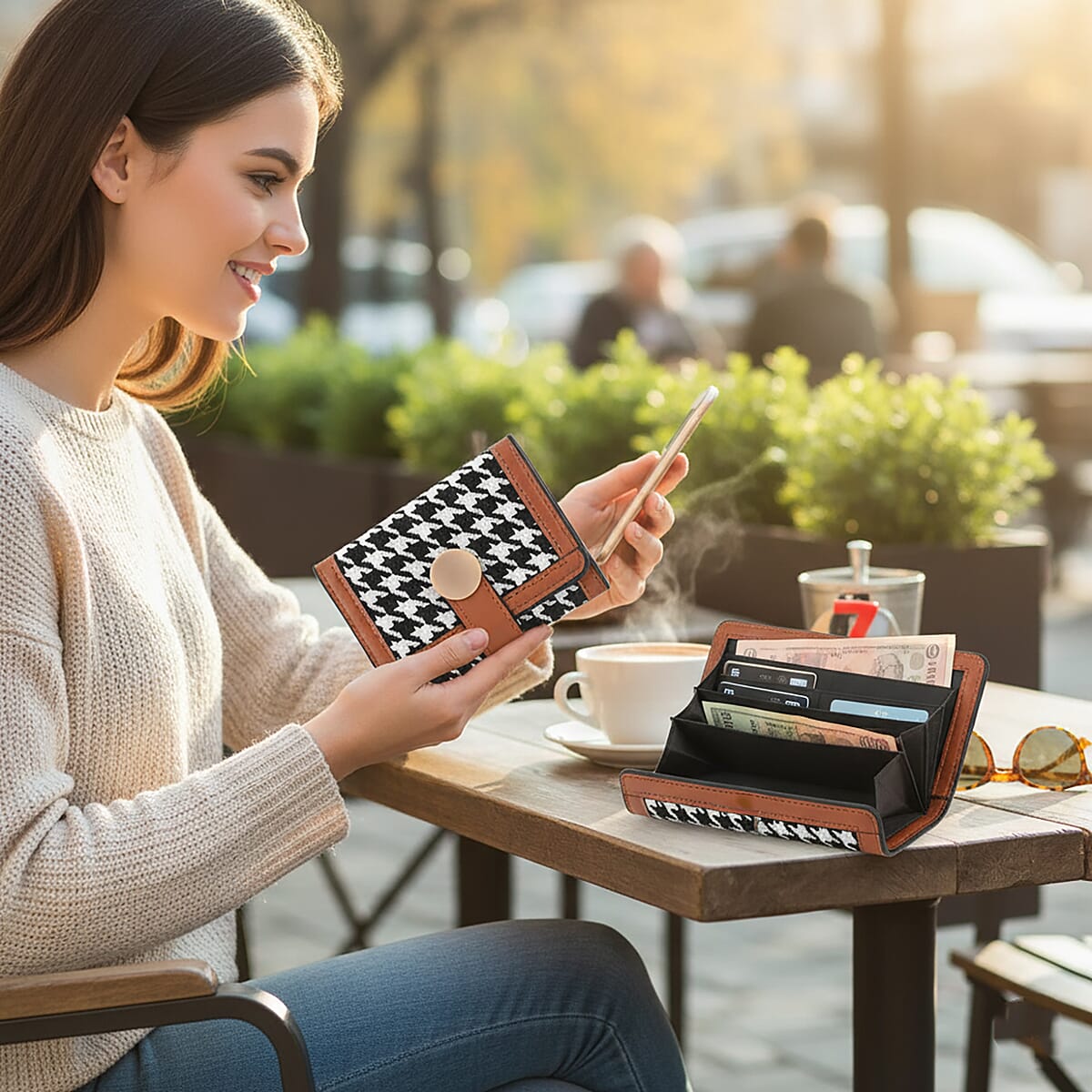 Las Vegas Closeout Deal BY:KY Cognac Houndstooth Pattern Faux Leather Wallet with Golden Accent image number 2