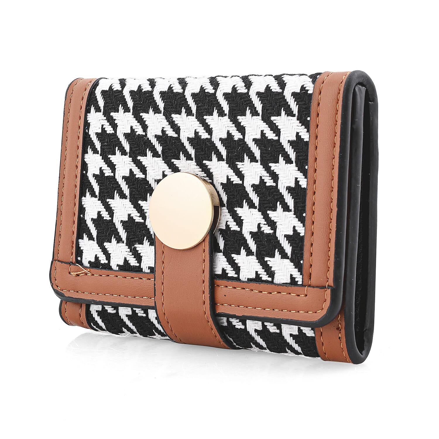 Las Vegas Closeout Deal BY:KY Cognac Houndstooth Pattern Faux Leather Wallet with Golden Accent