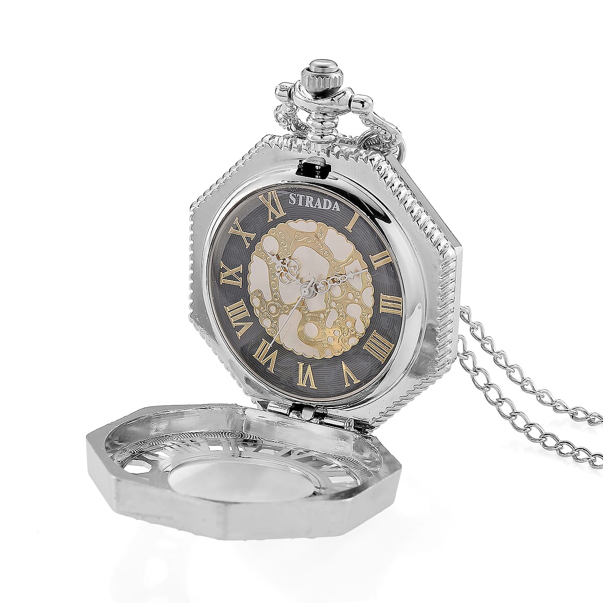 Strada Japanese Movement Roman Numeral Pocket Watch with Chain (36 Inches) in Silvertone image number 0