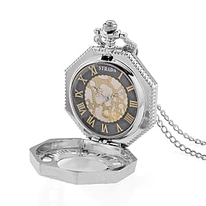 Strada Japanese Movement Roman Numeral Pocket Watch with Chain (36 Inches) in Silvertone