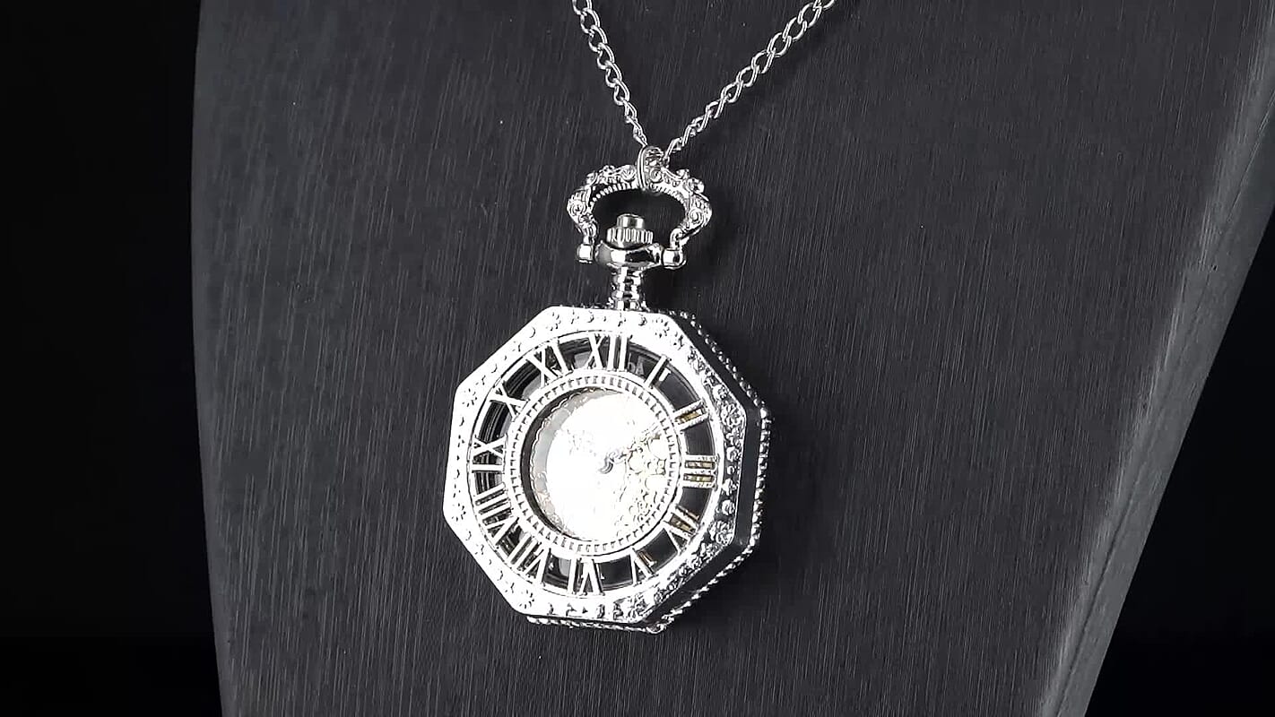 Strada Japanese Movement Roman Numeral Pocket Watch with Chain (36 Inches) in Silvertone