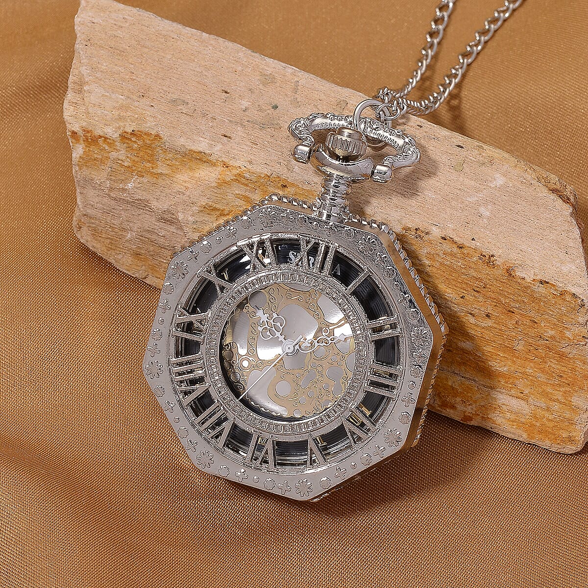 Strada Japanese Movement Roman Numeral Pocket Watch with Chain (36 Inches) in Silvertone image number 1