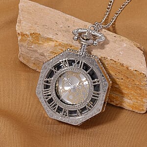 Strada Japanese Movement Roman Numeral Pocket Watch with Chain (36 Inches) in Silvertone