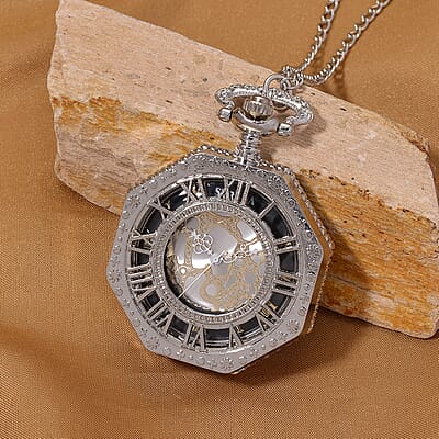 Ankur's Treasure Chest Deal Strada Japanese Movement Roman Numeral Pocket Watch with Chain (36 Inches) in Silvertone