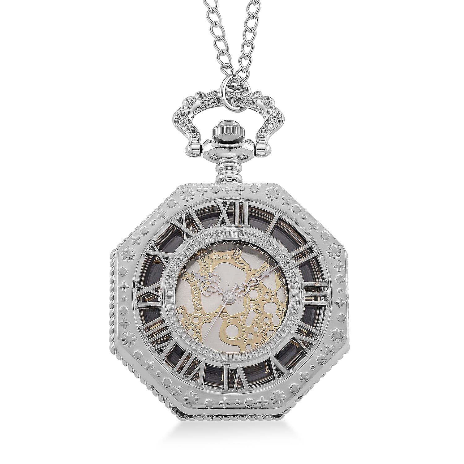 Ankur's Treasure Chest Deal Strada Japanese Movement Roman Numeral Pocket Watch with Chain (36 Inches) in Silvertone