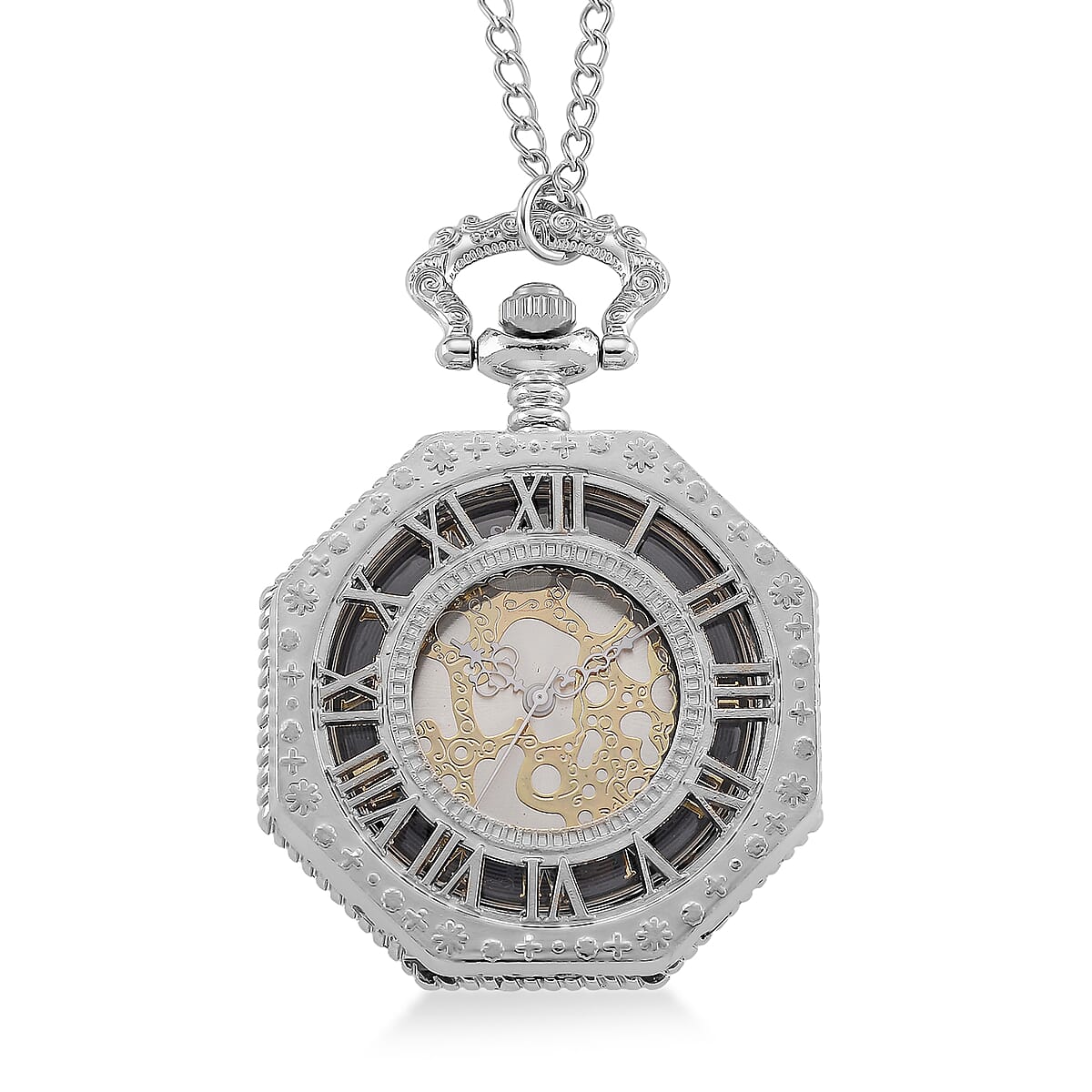 Strada Japanese Movement Roman Numeral Pocket Watch with Chain (36 Inches) in Silvertone image number 2