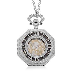 Strada Japanese Movement Roman Numeral Pocket Watch with Chain (36 Inches) in Silvertone
