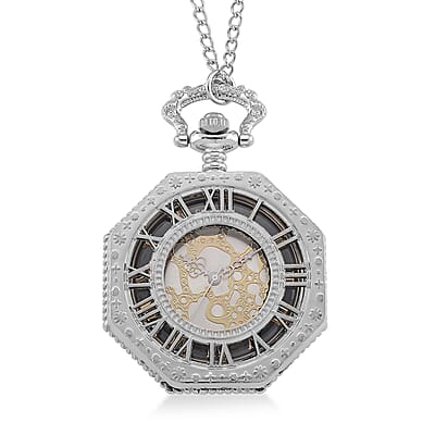 Ankur's Treasure Chest Deal Strada Japanese Movement Roman Numeral Pocket Watch with Chain (36 Inches) in Silvertone