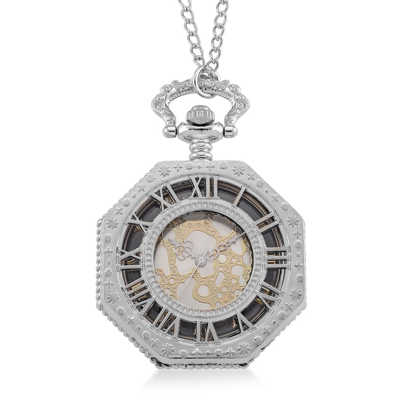 Ankur's Treasure Chest Deal Strada Japanese Movement Roman Numeral Pocket Watch with Chain (36 Inches) in Silvertone