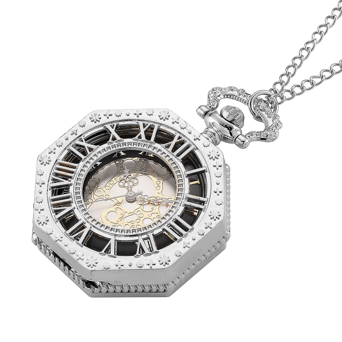 Strada Japanese Movement Roman Numeral Pocket Watch with Chain (36 Inches) in Silvertone image number 3