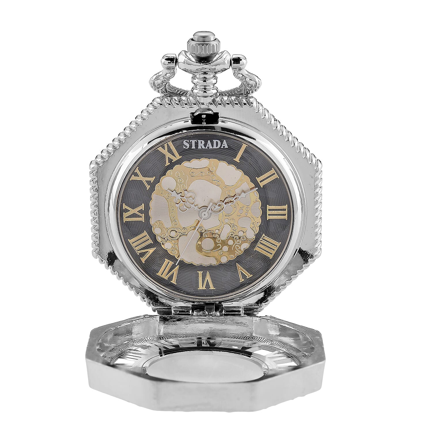 Ankur's Treasure Chest Deal Strada Japanese Movement Roman Numeral Pocket Watch with Chain (36 Inches) in Silvertone
