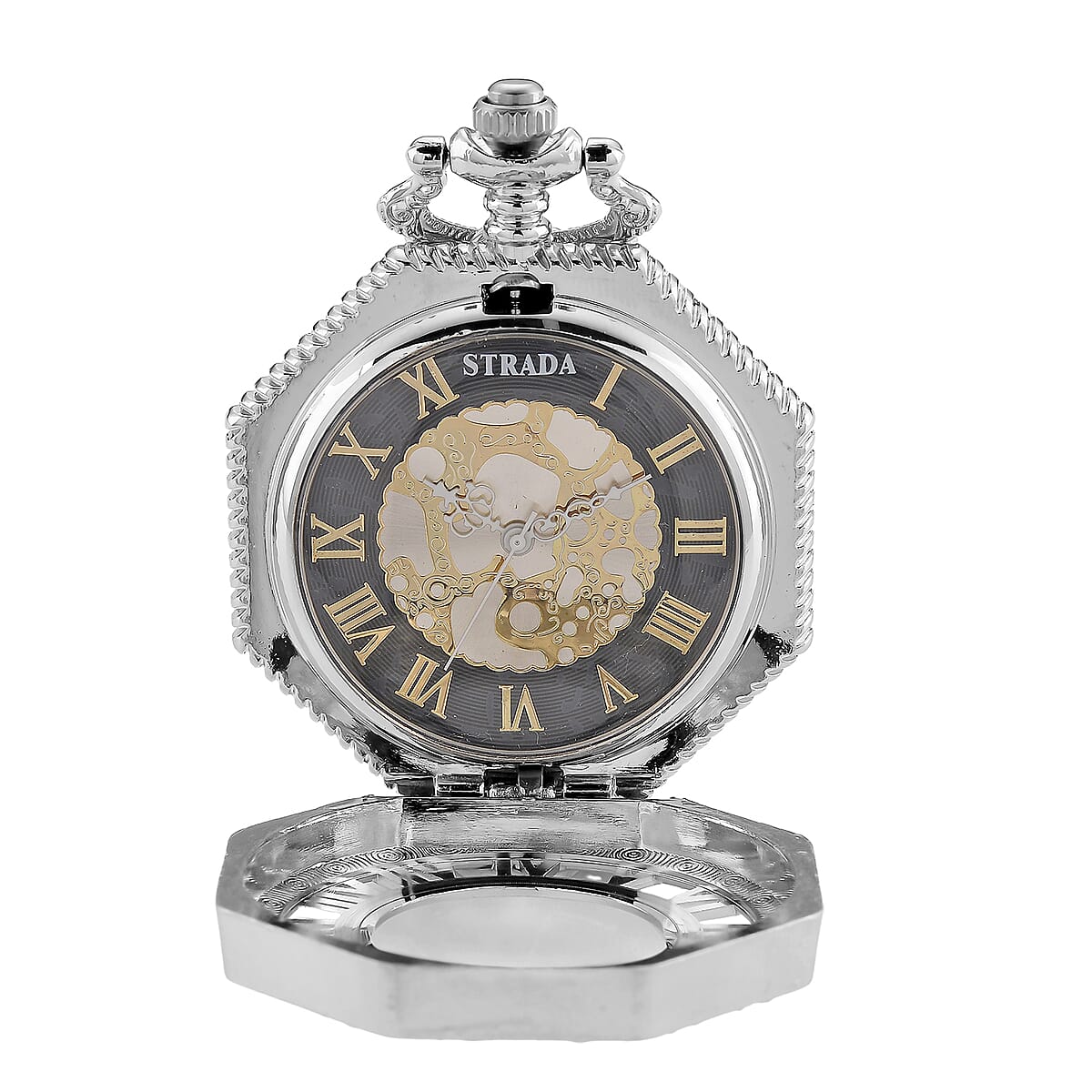 Strada Japanese Movement Roman Numeral Pocket Watch with Chain (36 Inches) in Silvertone image number 5
