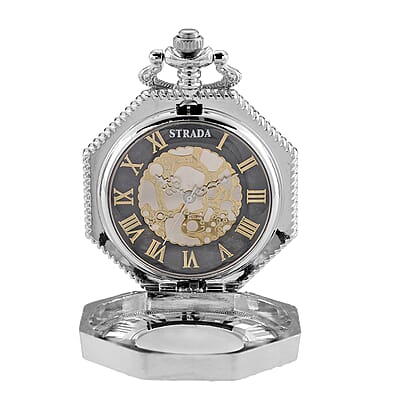 Ankur's Treasure Chest Deal Strada Japanese Movement Roman Numeral Pocket Watch with Chain (36 Inches) in Silvertone