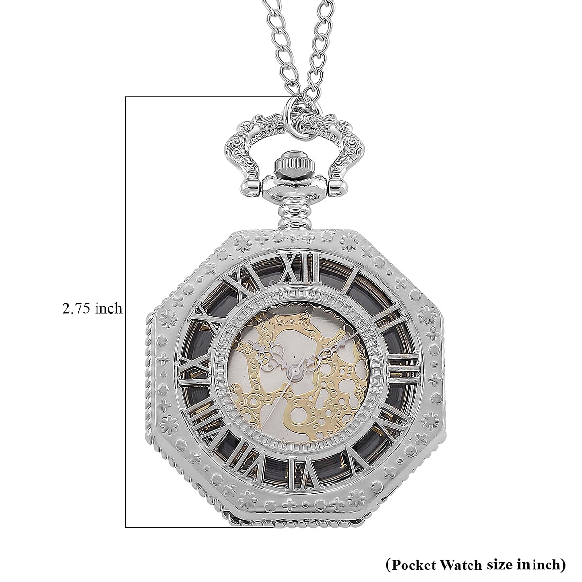 Strada Japanese Movement Roman Numeral Pocket Watch with Chain (36 Inches) in Silvertone image number 7