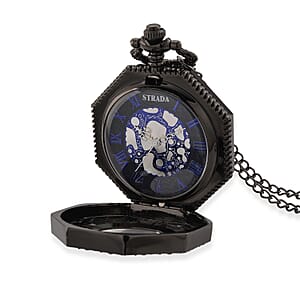 Strada Japanese Movement Roman Numeral Pocket Watch with Chain (36 Inches) in Dark Silvertone