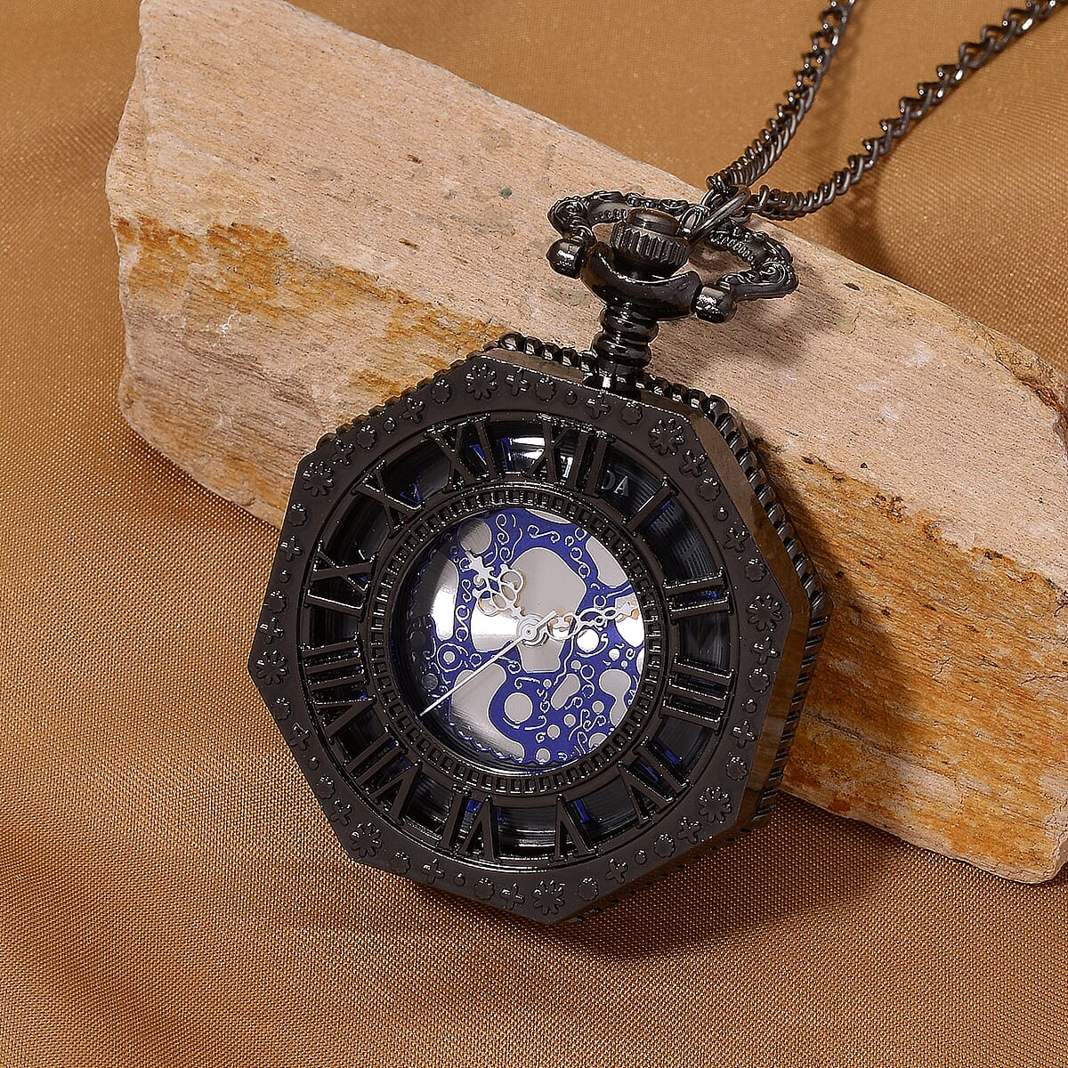 Strada Japanese Movement Roman Numeral Pocket Watch with Chain (36 Inches) in Dark Silvertone image number 1