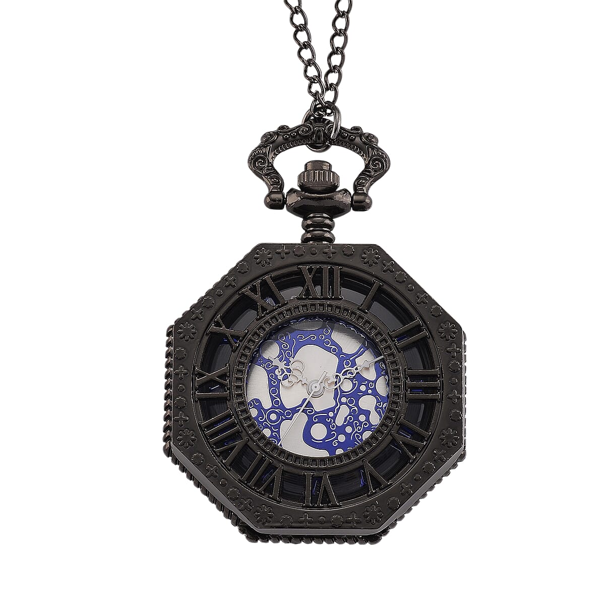 Strada Japanese Movement Roman Numeral Pocket Watch with Chain (36 Inches) in Dark Silvertone image number 2