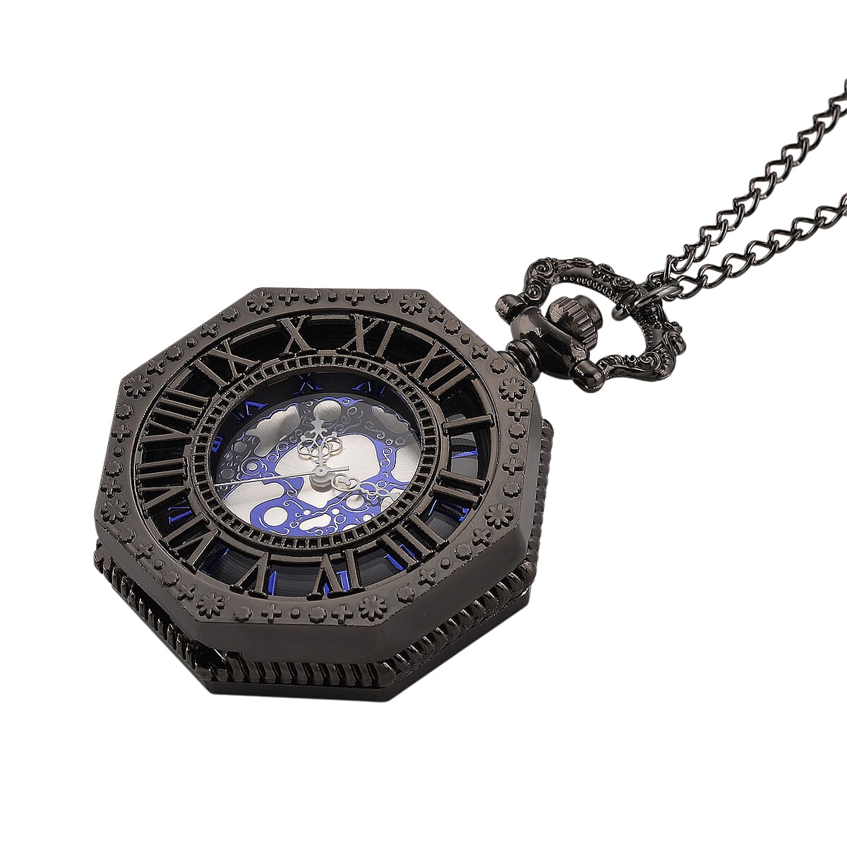 Strada Japanese Movement Roman Numeral Pocket Watch with Chain (36 Inches) in Dark Silvertone image number 3