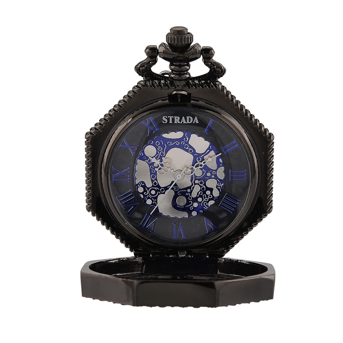 Strada Japanese Movement Roman Numeral Pocket Watch with Chain (36 Inches) in Dark Silvertone image number 5