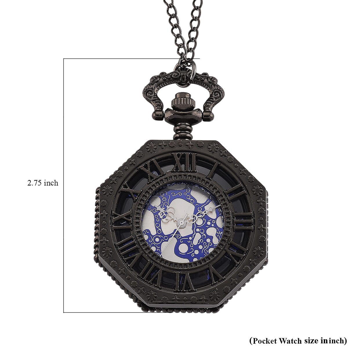 Strada Japanese Movement Roman Numeral Pocket Watch with Chain (36 Inches) in Dark Silvertone image number 7