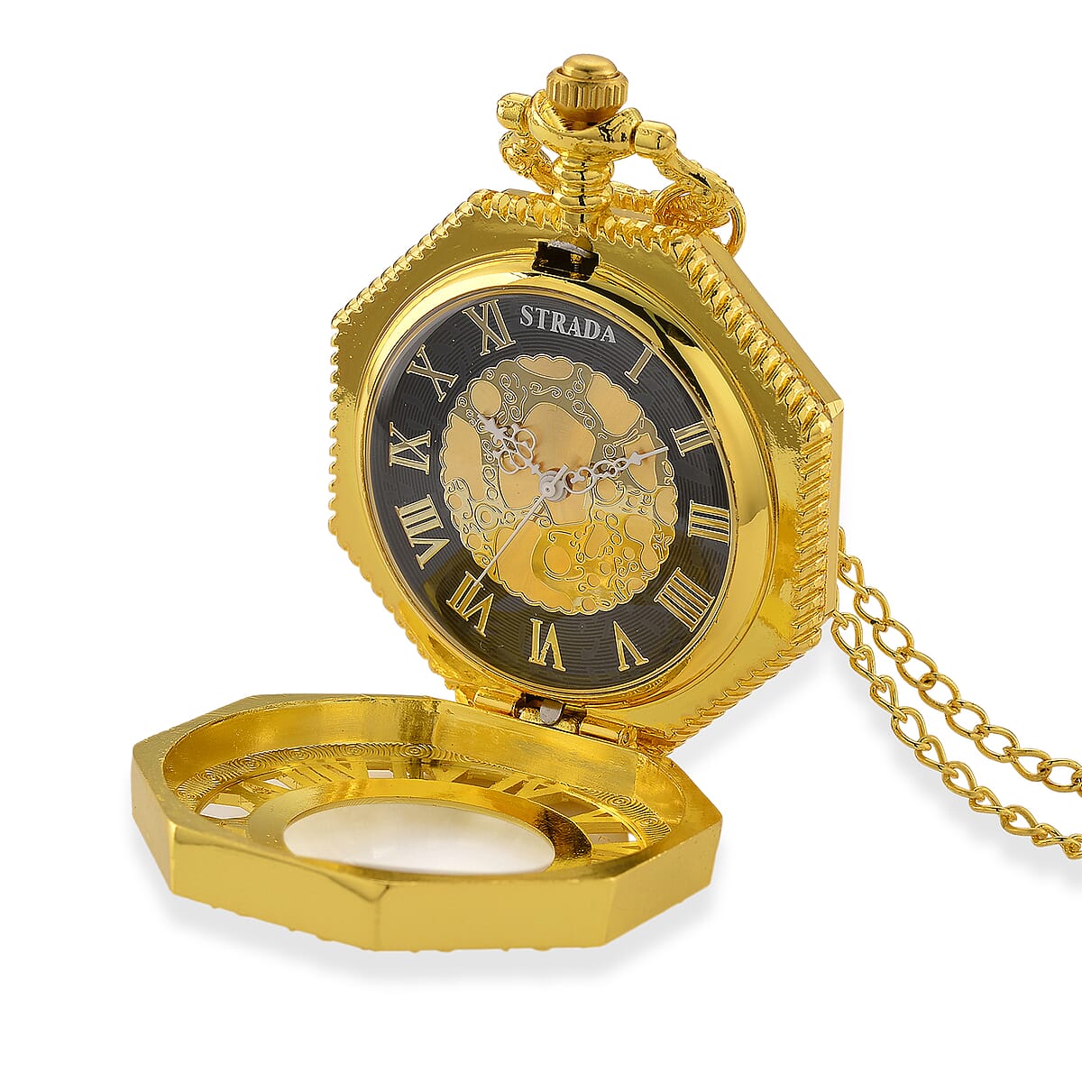 Strada Japanese Movement Roman Numeral Pocket Watch with Chain (36 Inches) in Goldtone image number 0