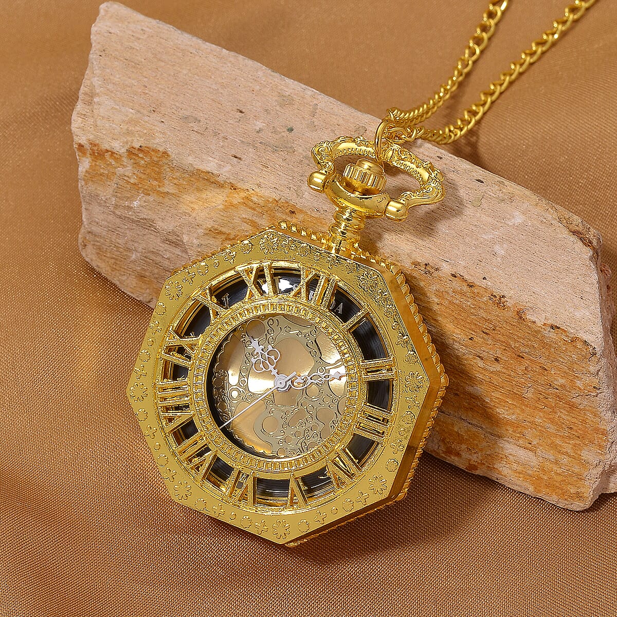 Strada Japanese Movement Roman Numeral Pocket Watch with Chain (36 Inches) in Goldtone image number 1